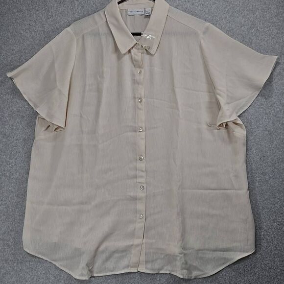 Susan Graver Textured Woven Button Front Flutter Sleeve Shirt Wheat Medium NWOT - Picture 1 of 11